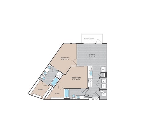 Floor plan for 2 beds, 2 baths, 981 sqft